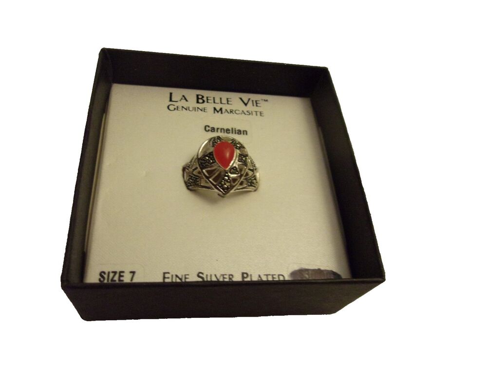 Sears Vintage La Belle Vie Marcasite Carnelian Silver Plated Ring Size 7 New